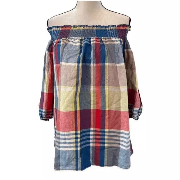 Lane Bryant NWT Off Shoulder Madras Plaid Linen Blend Top 18/20P (Plus Petite) - Picture 2 of 8